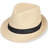 Skycase Trilby Gangster Hut,Panamahut Mountain Strohhut mit Band,Panama Hut aus Stroh,Sonnenhüte Bogarthut Fedora Sommerhut,Sonnenhut Stroh,Verstellbare Sommer Hut Strandhut für Damen/Herren,Beige