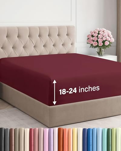 Image of Extra Deep Full Fitted Sheet - Single Fitted Sheet Only - Burgundy | Easily Fits 18 inch to 24 inch Mattress, Soft, Wrinkle Free, Breathable & Comfy, Extra Deep Pockets Hotel Luxury Fitted Sheet