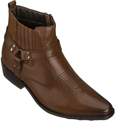 Image of CALTO Men's Invisible Height Increasing Elevator Shoes - Dark Brown Premium Leather Cowboy Zipper Boots - 3.3 Inches Taller - T8113 - Size 8.5 D(M) US