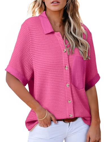 Image of Astylish Womens Waffle Knit Button Down Shirts Tops Casual V Neck Short Folded Sleeve Dressy Blouses