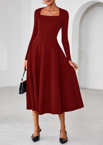 Lazysmile Long Sleeve Fall Dresses for Women Square Neck A Line Flowy Casual Elegant Wedding Guest Party Maxi Dress Wine Red — view 3