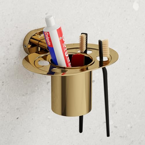 Image of LAPO 304 Stainless Steel Toothbrush Holder for Bathroom, Wall Mount Tumbler Stand with Durable Anti-Rust Body, Strong Wall Mounted Support, 25 Years Warranty (Gold Finish)