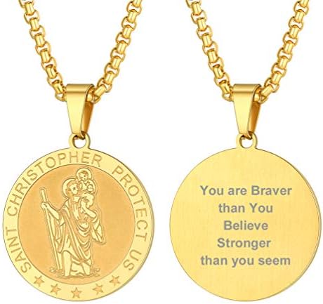 PROSTEEL Can Engrave, St Christophers Protect US Necklace, God Traveller's Prayerwith Chain-Gold Plated/Stainless/Black (Send Gift Box)