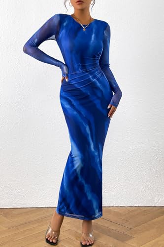 Image of CFLONGE Long Sleeve Dress for Women Floral Print Ruched Wedding Guest Maxi Dresses Tight Fitted Cocktail Party Bodycon Dress