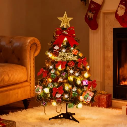 60cm Christmas Tree with Lights, Pre Lit Pop Up Christmas Tree, Small Pre Lit Xmas Tree with Lights Star Ornament, Artificial Christmas Tree, 2ft Pop Up Xmas Tree for Christmas Party Decoration
