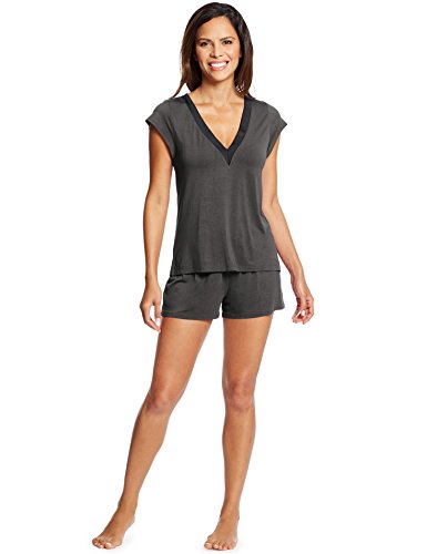 Maidenform Women's Dried Botanicals Satin Trim V-Neck Shirt Short Set, Charcoal Grey, Large