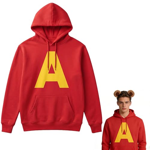 Vervora Red Hoodie with Yellow Letter A Chipmunk Fancy Dress Costume Cotton Blend Hooded Sweatshirt for Halloween Cosplay 90s Party Outfit & Themed Events (L)