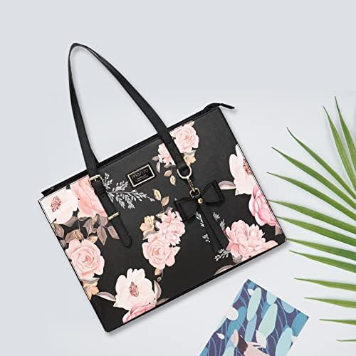 MOSISO Laptop Tote Bag Compatible with MacBook Pro 16 inch 2022 2021 M1 A2485/2019-2020 A2141&15-15.6 inch Notebook, Peony PU Leather Travel Work Briefcase with Detachable Bowknot & Small Purse, Black