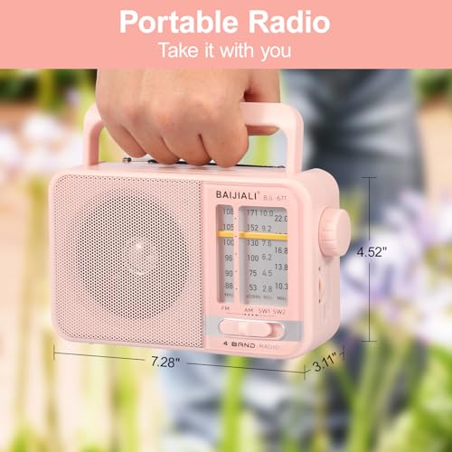 Image of Portable AM /FM Transistor Radio with Loud Speaker, Battery or USB Powered - Compact Emergency Radio for Indoor, Outdoor, Travel & Storms (BJL-671, Pink)