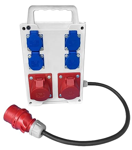 Hilark Distributeur de Courant Coffret de chantier avec 6 prises à clapet IP44 / IP54 et de câble (câble de 1 mètre, 2 prises 32A, 4 prises 16A 230V)