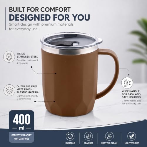 Image of MAGIC SPOON Stainless Steel Travel Coffee Mug with Sipper Lid & Handle, Insulated Tea Cup, BPA-Free Double Wall Tumbler for Hot-Cold Beverages, Office, Home, Car, Travel- Brown, (400ml X 1 Pack)