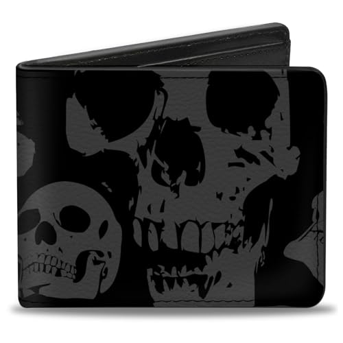 Image of Buckle-Down Men's Buckle-down Pu Bifold Bi Fold Wallet, Mutlicolor Black skull, 4.0 x 3.5 US