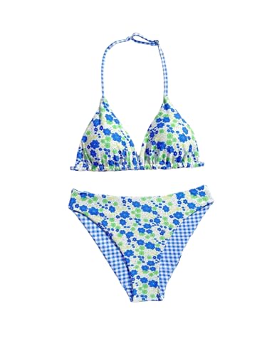 Image of RoseSeek Girl's 2 Piece Swimsuits Floral Gingham Halter Triangle Wireless Bikini Bathing Suit