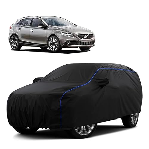 Image of Sulfar 100% Water Resistant Car Body Cover Compatible with Mirror for Volvo V40 (Triple Stitched, Full Bottom Elastic, Black Tafetta with Blue Piping)