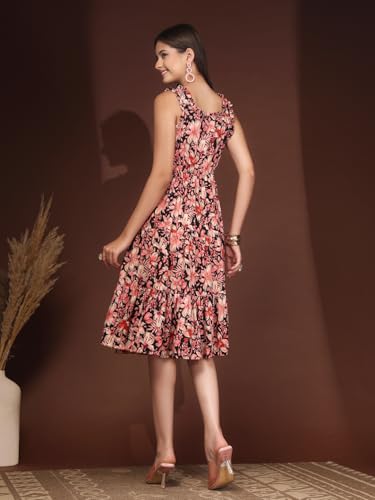 Image of Daevish New Rayon Floral Printed Flared Midi Dress for Women | Women Calf Length Dress