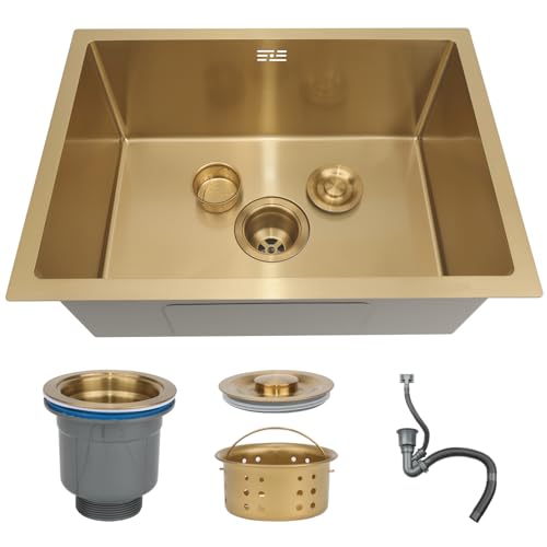 SXDMOUBK Fregadero de Bar/preparación de Acero Inoxidable Dorado, de un Solo Seno, para instalación empotrada o bajo encimera, Hecho a Mano con Revestimiento nanotecnológico de fácil limpie