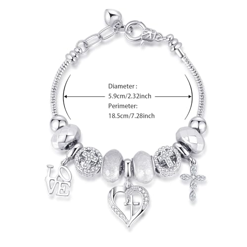 Charm Bracelet for Women, with Crystal and Heart Shape Glass Beads Sliver CZ Cross Snake Chain Bracelet, Trendy Charm Bracelet Jewelry Valentine's Day Gifts for Women3