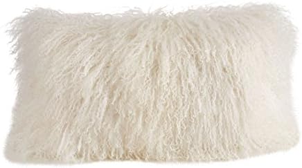 SARO LIFESTYLE 100% Wool Mongolian Lamb Fur Throw Pillow with Poly Filling, 12 in x 20 in, Ivory