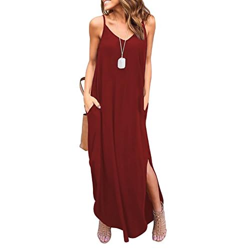 HUSKARY Women's Summer Casual Sleeveless V Neck Strappy Split Loose Dress Beach Cover Up Long Cami Maxi Dresses with Pocket XX-Large Red