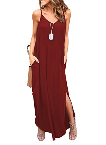 Image of HUSKARY Women's Summer Casual Sleeveless V Neck Strappy Split Loose Dress Beach Cover Up Long Cami Maxi Dresses with Pocket