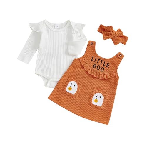 Image of MoZiKQin Baby Girl Halloween Outfit Long Sleeve Ruffle Romper Ghost Embroidery Overall Dress Headband Cute Fall Clothes
