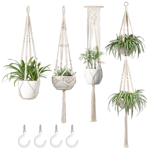 Mkono Macrame Plant Hangers Set of 4 Indoor Hanging Planter Basket Wall Decorative Flower Pot Holder with 4 Hooks for Indoor Outdoor Home Decor Gift Box, Ivory
