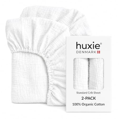 Image of Crib Sheets - Organic Cotton Muslin Fitted Crib Sheet - Standard Size for Baby Boy and Baby Girl 28 inch x 52 inch Ultra Breathable. 2-Pack(Soft White)