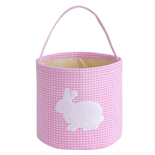 EMBRUNIOICE Bunny Easter Basket, Classic Gingham Easter Bucket Bag for Easter Egg Hunts Party Favor Decorations(Pink)