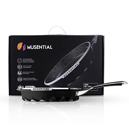 Musential 10" Inch Aluminum Non-Stick Frying Pan Skillet With Tempered Glass Lid, Pfoa-Free Non-Stick Granite Coating, Stainless Steel Handle, Dishwasher/Oven Safe (Black) #TOP5