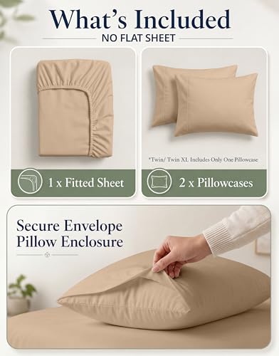 Image of LANE LINEN Full Fitted Sheet, 100% Organic Cotton, 3-Piece Set (1 Fitted Sheet,2 Pillowcases), Percale Weave, Full Bed Bottom Sheet, Ultra Soft, Fits Mattress Upto 15 inch Deep - Taupe(No Flat Sheet)