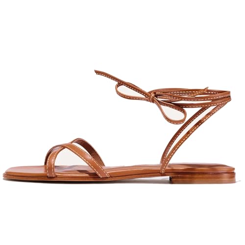 Strappy Flats Sandals for Women Comfortable Square Toe Lace Up Slides Beach Gladiator Wrap Sandal Shoes3