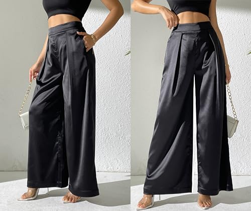 Women's Satin Wide Leg Palazzo Pants Plicated Silky Pull on Party Dress Casual Pant Trouser2