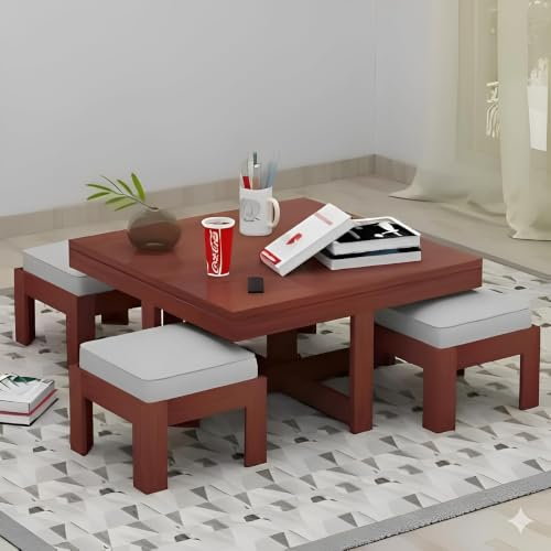 Image of Loonart Solid Sheesham Wood Coffee Table with Four Cushioned Stools | Idel for Living Room | Cafe | Restaurant | Space Saving Indoor Table Set | Finish Color - Mahogany Finish | Grey Cushion |