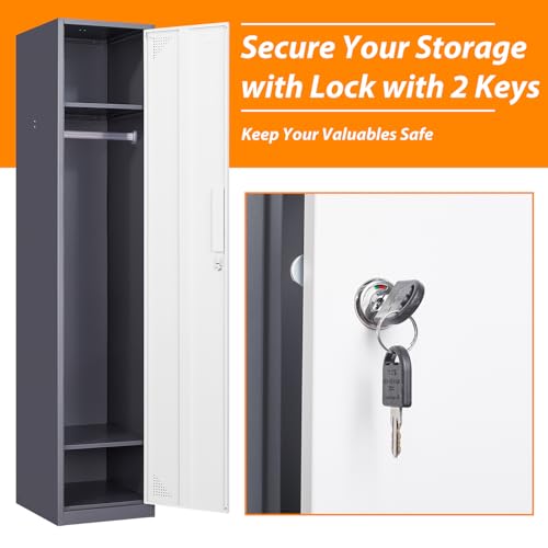 Image of Metal Locker for Home, Dressing Room, 71 inch Steel Storage Lockers for Employees, Lockable Locker Cabinet with 1 Door (Grey White)