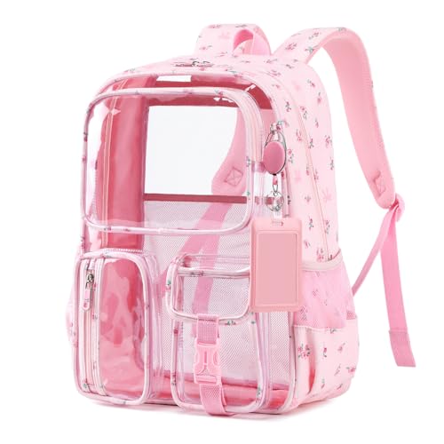 MUSEVOS Mochila transparente para escola, mochila transparente resistente para meninas e meninos com suporte para crachá, Flor rosa, Moderna, personalizada