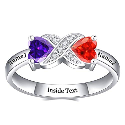 Yvettewu Couples Name Ring,Personalized Unique 2 Names and 2 Heart-Shaped Birthstones Name Ring,Jewelry for Women-Silver