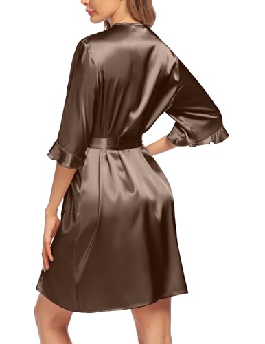 Image of Ekouaer Women's Satin Robe Valentines Lingerie for Women Kimono Bathrobe Short Ruffle Belted Robes Bridesmaids Sleepwear
