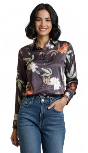 Image of Amazon Brand - INKAST Women Abstract Floral Printed Spread Collar Long Sleeves Casual Cami Shirt