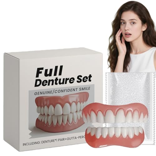 Silicone Denture Set, False Teeth & Fake Braces Kit, Soft Reline for Upper & Lower Dentures, Temporary Tooth Replacement & Snap on Veneers for Men & Women, Comfortable & Moldable Silicone Teeth Covers