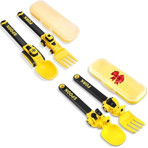 Construction Utensils for Toddlers - Toddler Forks and Spoons, Plastic Toddler Fork and Spoon & Storage Case, Suitable for Kids Utensils Toys, for Stocking Stuffers and Birthday Gifts, Yellow Cover