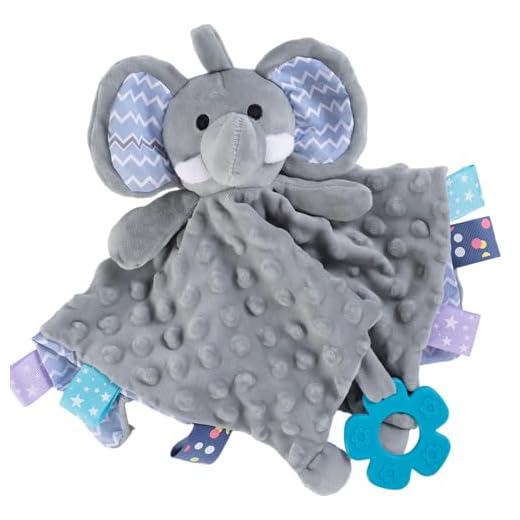Soothe&Sense Baby Security Blanket with Teether, Rattle, Crinkle Fabrics & Taggies, Soft Sensory Lovey Newborn Essentials Snuggle Stuffed Animal (Grey Elephant)