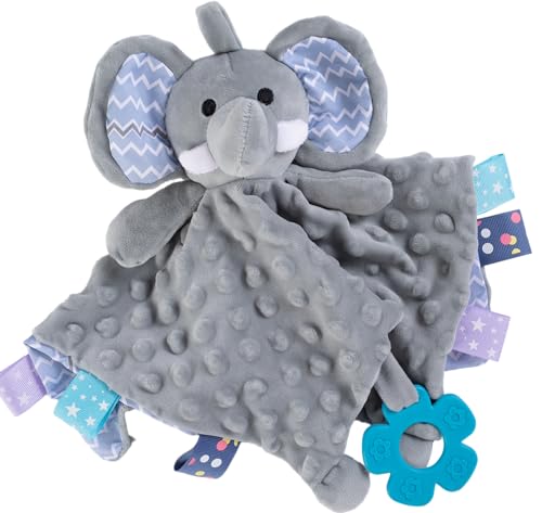 Image of Soothe&Sense Baby Security Blanket with Teether, Rattle, Crinkle Fabrics & Taggies, Soft Sensory Lovey Newborn Essentials Snuggle Stuffed Animal (Grey Elephant)