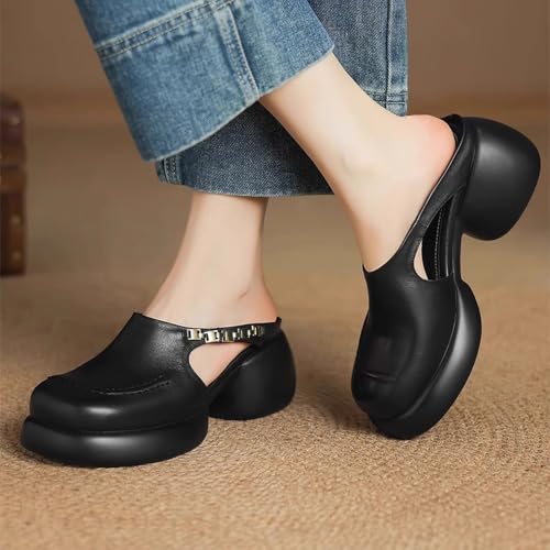 Women's Leather Wedge Slide Mules,Lightweight Comfortable Closed Toe Backless Arch Support Muffin Platform Sandals3