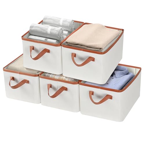 SortNStore Aufbewahrungsbox aus Stoff Faltbare für Kleidungschrank: Aufbewahrungskorb mit Ledergriff für Regal Kinderzimmer Schlafzimmer Wohnzimmer | 5 Stück | 37x26x20cm(24L) | Beige