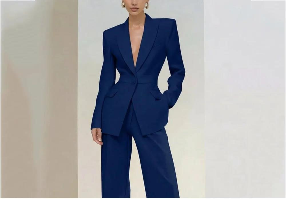 Women Peak Lapel Single Button Blazer Pants Straight Cut Solid Color Daily Formal Outfit