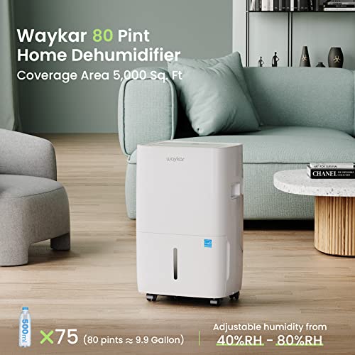 Waykar 80 Pints Energy Star Dehumidifier For Spaces Up To 5,000 Sq. Ft At Home, In Basements And Large Rooms With Drain Hose And 1.14 Gallons Water Tank #TOP1