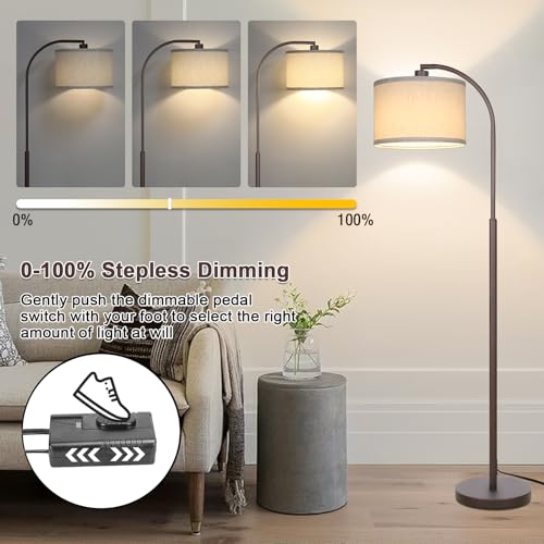 Boncoo Dimmable Floor Lamp, Arc Standing Lamp with Stepless Dimmer, Brown Floor Lamp with Adjustable Linen Beige Shade for Living Room Bedroom Study Room Office, 9W 3000K LED Bulb Included