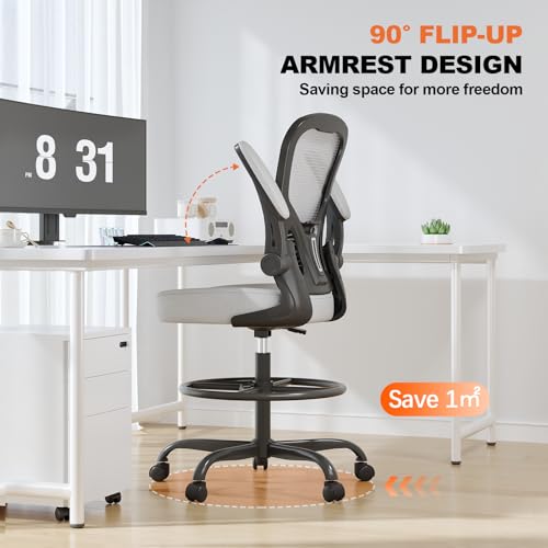 Image of Ergonomic Drafting Chair, Tall Office Chair with Flip-up Armrests, Breathable Mesh High Desk Chair with Lumbar Support Adjustable Footrest Ring for Standing Desk Gray