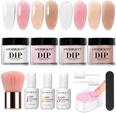 AZUREBEAUTY 12 Pcs Dip Powder Nail Kit, Summer Translucent Jelly Nude Milky White Pink Brown Sheer 4 Colors Dipping Powder Liquid Set with Base/Top Coat Activator for French Nail Art Manicure DIY Gift