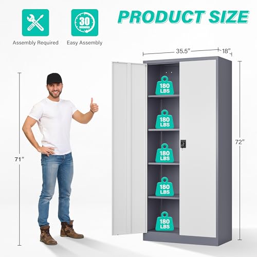 Image of Wide & Deep Metal Storage Cabinet with Shelves,72 inch Tall Garage Storage Cabinet with Lock,Gray White Metal Cabinets with Locking Doors,Large Steel Lockable Cabinets for Home,Office,Shop,Garage